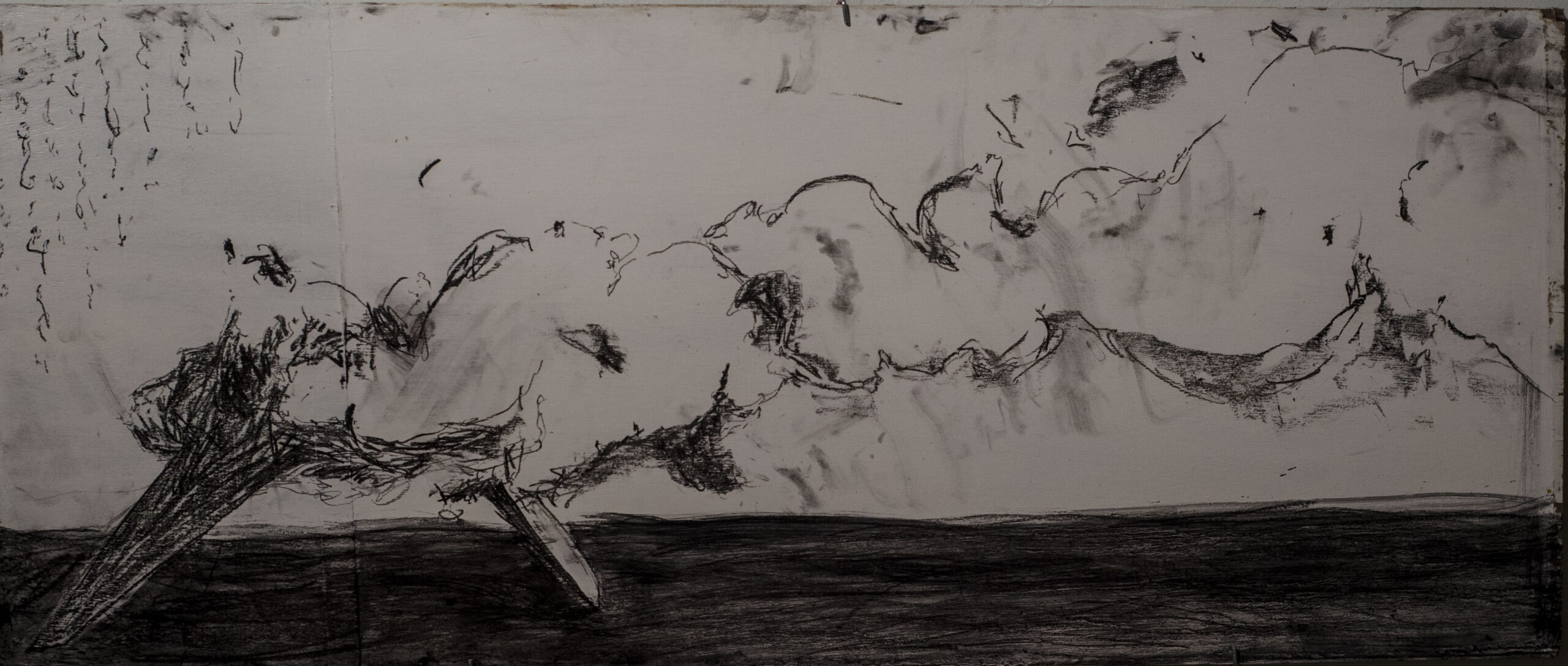 Dibujo en carboncillo de un avion kamikaze, negro sobre fondo blanco