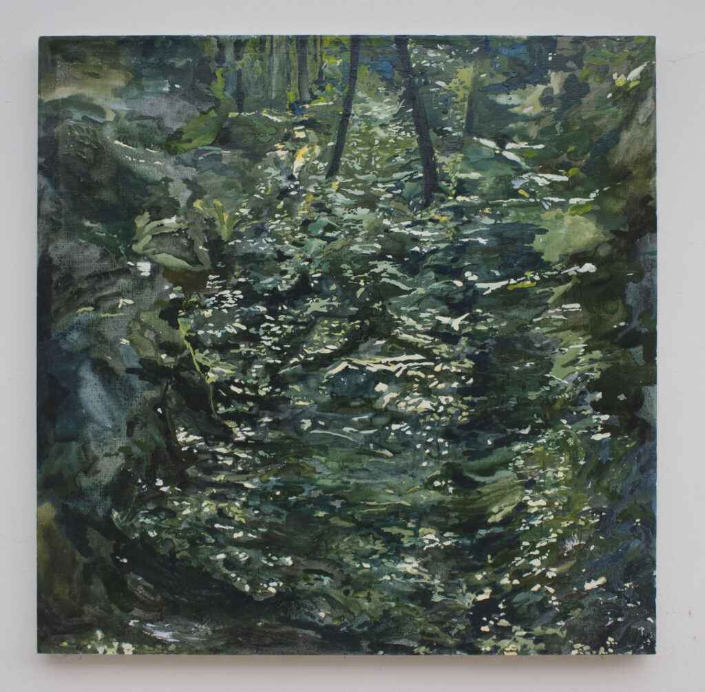 paisaje en tonos de verde con luces blancas, oleo sobre lino